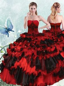 High Quality Red And Black Organza Lace Up Vestidos de Quinceanera Sleeveless Floor Length Appliques and Ruffled Layers