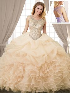 Deluxe Scoop Sleeveless Organza Floor Length Lace Up Sweet 16 Dresses in Champagne for with Beading and Ruffles and Pick Ups