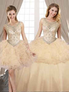 Three Piece Floor Length Champagne Quinceanera Dresses Scoop Sleeveless Lace Up