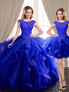Free and Easy Three Piece Scoop Royal Blue Cap Sleeves Tulle Brush Train Lace Up Quinceanera Dresses for Military Ball and Sweet 16 and Quinceanera