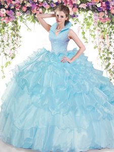 Floor Length Backless Quinceanera Dress Baby Blue and In for Military Ball and Sweet 16 and Quinceanera with Beading and Ruffled Layers