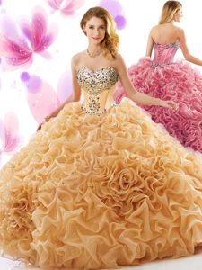 Sleeveless Floor Length Beading and Ruffles Backless Quinceanera Dresses with Blue