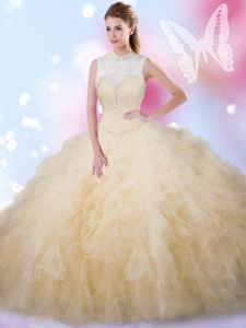 Champagne Ball Gowns High-neck Sleeveless Tulle Floor Length Lace Up Beading and Ruffles Quinceanera Dresses