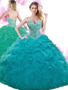 Teal Sleeveless Floor Length Beading and Ruffles and Pick Ups Lace Up Quinceanera Gowns