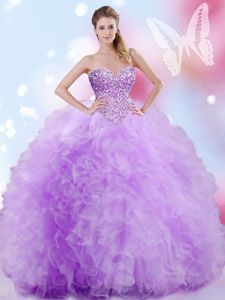 Best Sweetheart Sleeveless Tulle Dama Dress for Quinceanera Beading and Ruffles Lace Up