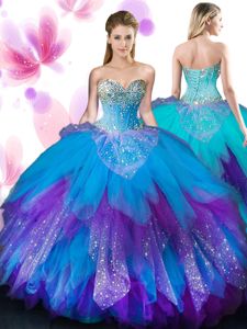 Multi-color Tulle Lace Up Ball Gown Prom Dress Sleeveless Floor Length Beading and Ruffles