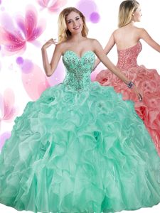 Apple Green Organza Lace Up Sweet 16 Dresses Sleeveless Floor Length Beading and Ruffles