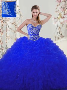 On Sale Sleeveless Floor Length Beading and Appliques Lace Up Vestidos de Quinceanera with Royal Blue