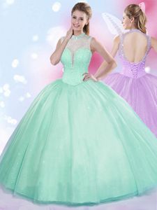 Customized Four Piece Halter Top Sleeveless Lace Up Floor Length Beading and Ruffles Sweet 16 Dress