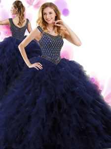 Scoop Sleeveless Floor Length Beading and Ruffles Zipper Quince Ball Gowns with Navy Blue