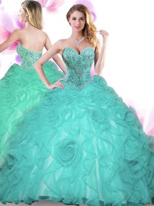 Turquoise Sleeveless Floor Length Beading Lace Up Ball Gown Prom Dress