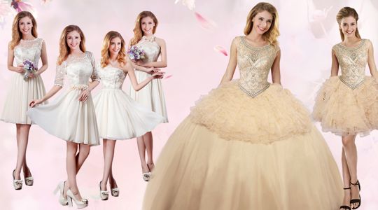 Charming Champagne Ball Gowns Scoop Sleeveless Organza and Tulle Floor Length Lace Up Beading and Ruffles 15th Birthday Dress