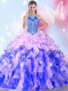 Amazing Multi-color Quinceanera Dresses Military Ball and Sweet 16 and Quinceanera and For with Beading and Ruffles and Pick Ups Halter Top Sleeveless Lace Up