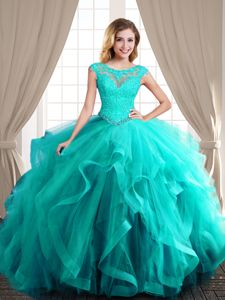Scoop With Train Turquoise 15 Quinceanera Dress Tulle Brush Train Cap Sleeves Beading and Appliques and Ruffles