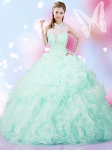 Apple Green Organza Lace Up High-neck Sleeveless Floor Length Sweet 16 Quinceanera Dress Beading and Ruffles and Pick Ups
