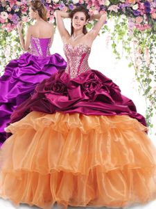 Sleeveless Organza and Taffeta With Brush Train Lace Up Vestidos de Quinceanera in Multi-color for with Beading and Ruffled Layers and Pick Ups