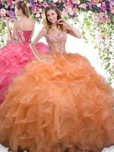 High Quality Orange Sweetheart Lace Up Beading and Ruffles Quinceanera Gowns Sleeveless