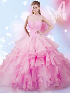Excellent Rose Pink Tulle Lace Up Sweet 16 Quinceanera Dress Sleeveless Floor Length Beading and Ruffles