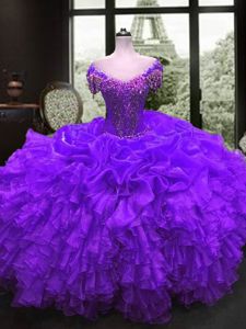 Dynamic Purple Cap Sleeves Organza Lace Up Ball Gown Prom Dress for Military Ball and Sweet 16 and Quinceanera