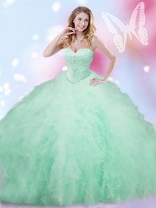 Apple Green Tulle Lace Up Sweetheart Sleeveless Floor Length Quinceanera Gown Beading and Ruffles