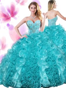Custom Fit Sleeveless Organza Floor Length Lace Up Sweet 16 Quinceanera Dress in Teal for with Beading and Ruffles