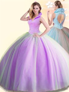 Lilac Ball Gowns Beading Sweet 16 Dress Backless Tulle Sleeveless Floor Length