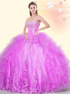 Trendy Lilac Ball Gowns Tulle Sweetheart Sleeveless Beading and Appliques and Ruffles Asymmetrical Lace Up Sweet 16 Dresses