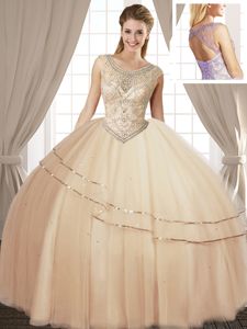 Scoop Floor Length Champagne Quinceanera Dresses Tulle Sleeveless Beading