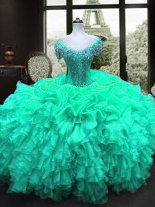Dazzling Sweetheart Cap Sleeves Quinceanera Dress Floor Length Beading and Ruffles Turquoise Organza