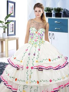 Scoop Ruffled White Sleeveless Organza and Taffeta Lace Up Ball Gown Prom Dress for Military Ball and Sweet 16 and Quinceanera