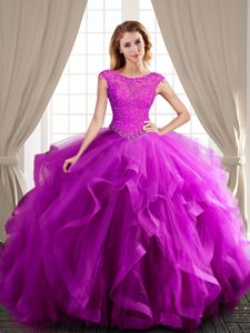 Fuchsia Ball Gowns Tulle Scoop Cap Sleeves Beading and Appliques and Ruffles With Train Lace Up Quinceanera Dresses Brush Train