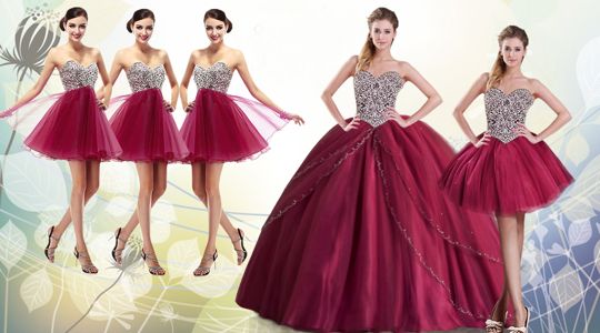Free and Easy Burgundy Tulle Lace Up Sweetheart Sleeveless With Train Quinceanera Gowns Brush Train Beading