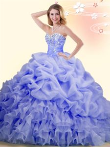 Sleeveless Organza With Brush Train Lace Up Quinceanera Gowns in Lavender for with Beading and Ruffles and Pick Ups
