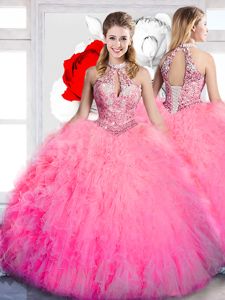 Modern Hot Pink Tulle Lace Up Halter Top Sleeveless Floor Length Ball Gown Prom Dress Beading and Ruffles