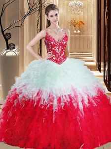 Captivating Organza Straps Sleeveless Lace Up Appliques and Ruffles Quinceanera Gown in White And Red