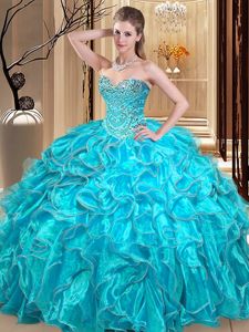 On Sale Floor Length Lace Up Quince Ball Gowns Aqua Blue and In for Military Ball and Sweet 16 and Quinceanera with Beading and Ruffles