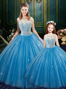 Baby Blue Lace Up Quince Ball Gowns Lace Sleeveless Floor Length