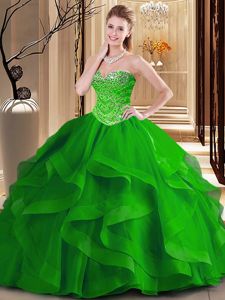 Dazzling Green Lace Up Sweet 16 Dresses Beading and Ruffles Sleeveless Floor Length