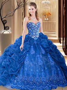 Royal Blue Organza Lace Up Sweetheart Sleeveless Quinceanera Dress Court Train Embroidery and Pick Ups