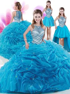 Four Piece Pick Ups Aqua Blue Sleeveless Organza Court Train Zipper Quinceanera Gowns for Military Ball and Sweet 16 and Quinceanera