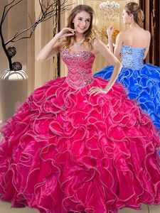 Suitable Sleeveless Organza Floor Length Lace Up Ball Gown Prom Dress in Hot Pink for with Beading and Ruffles