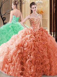 Floor Length Orange Sweet 16 Dress Fabric With Rolling Flowers Sleeveless Embroidery and Ruffles