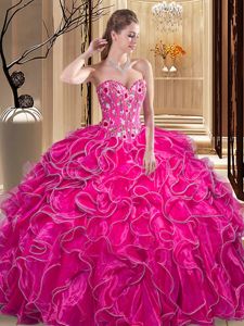 Top Selling Sleeveless Floor Length Embroidery and Ruffles Lace Up 15 Quinceanera Dress with Fuchsia