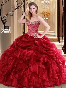 Stunning Red Organza Lace Up Vestidos de Damas Sleeveless Floor Length Beading and Pick Ups