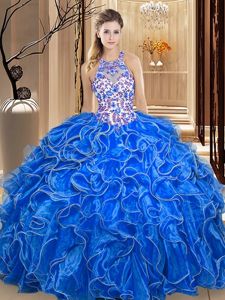 Royal Blue Organza Backless Scoop Sleeveless Floor Length Quinceanera Dress Embroidery and Ruffles