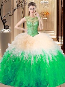 Cute Scoop Sleeveless Organza 15 Quinceanera Dress Embroidery and Ruffles Backless