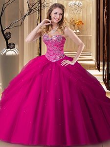 Tulle Sweetheart Sleeveless Lace Up Beading 15th Birthday Dress in Fuchsia