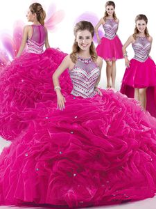 Four Piece Hot Pink Sleeveless Floor Length Beading and Pick Ups Zipper Quince Ball Gowns