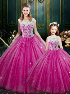 Hot Pink Tulle Lace Up High-neck Sleeveless Floor Length 15th Birthday Dress Lace