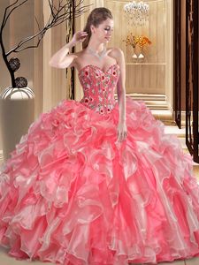 Watermelon Red Sleeveless Embroidery and Ruffles Floor Length Sweet 16 Dresses